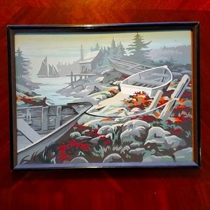 Vintage Paint By Number Water Sea Boats Cabin Forest